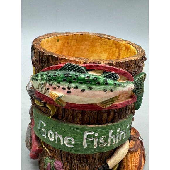 Fishing-Themed Gone Fishin Decorative Pen Holder reel life Russ Berrie 4" READ - Picture 2 of 10